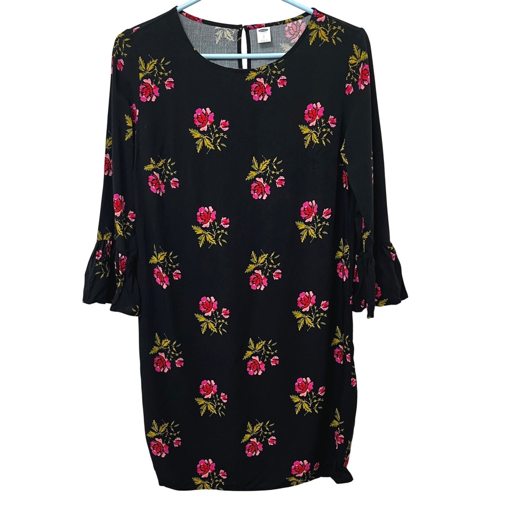 Old Navy Womens Black Floral Bell Sleeve Shift Dress Size S Pink Rose Print‎